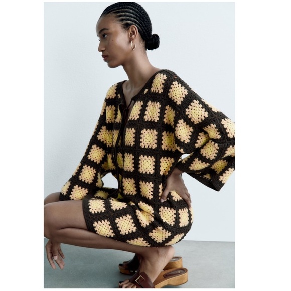 Zara Mini Crochet Knit Boho Mini Floral Limited Edition Dress - Picture 7 of 11